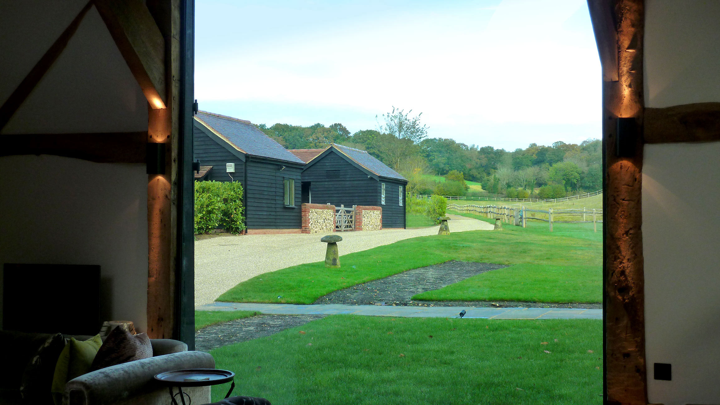 View out from interior of barn - Castle Eaton Construction, Surrey